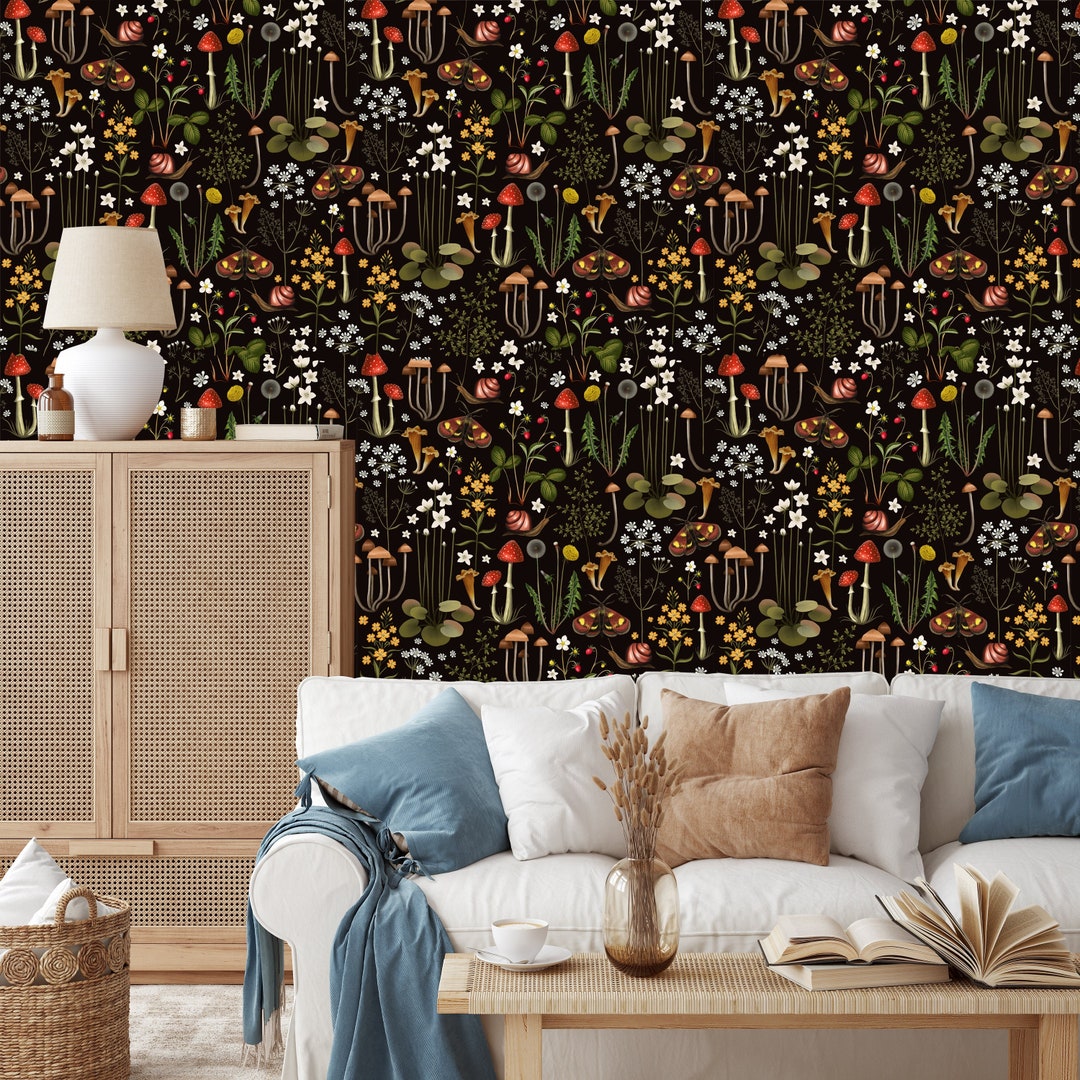 Vintage Mushroom Wallpaper, Flowers and Mushrooms on a Black Background ...