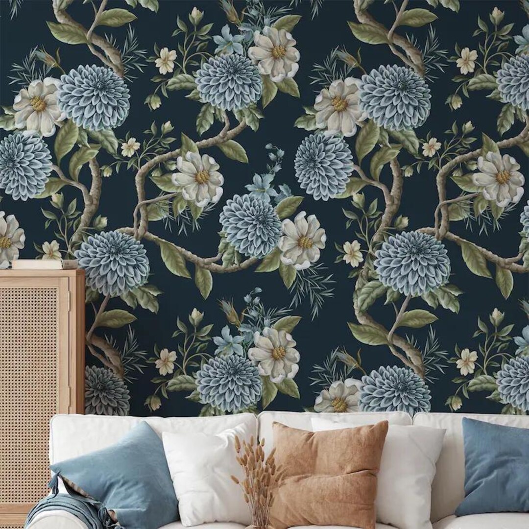 Blue Floral Wallpaper • Vintage Botanical Wall Mural • Midnight Navy ...