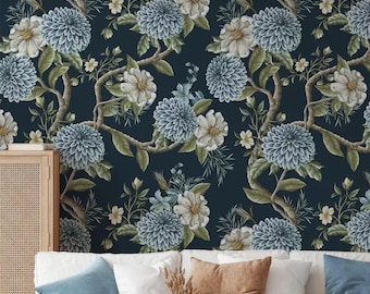 Blue Floral Wallpaper • Vintage Botanical Wall Mural • Midnight Navy Peel and Stick