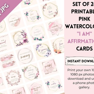 Könnte beinhalten: Set mit 24 bedruckbaren rosa Aquarell-Affirmationskarten mit goldenen Akzenten und floralen Designs. Jede Karte zeigt einen positiven Affirmations-Satz, der mit "Ich bin" beginnt.