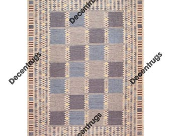 Alfombra Kilim tejida a mano, alfombra de lana, alfombra tribal geométrica, alfombra bohemia de tejido plano, alfombra azul neutro y beige, alfombra para sala de estar y dormitorio, tamaño personalizado.