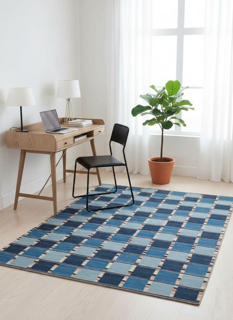 Handwoven Blue Checkered Rug Modern Geometric Area Rug Kilim Flatweave ...