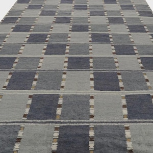 Handwoven Blue Gray Kilim Rug: Scandinavian Geometric Wool Carpet