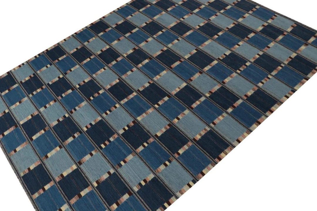 Blue Checked Rug Handwoven Blue Checkered Rug Modern Geometric Area Rug Kilim Flatweave ...