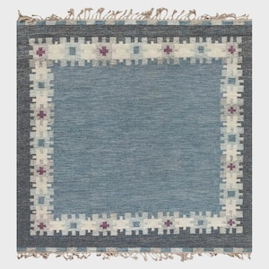 Blue Scandinavian Kilim Rug | Handwoven Geometric Border Flatweave Wool Carpet | Nordic Fringed Wool Rug for Living Room, Bedroom, Entryway