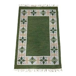 Handwoven Green Wool Kilim Rug: Scandinavian Boho Area Rug