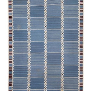 Blue Swedish Kilim Wool Rug | Handwoven Geometric Dhurrie | Reversible Nordic Flatweave Carpet | Scandinavian Minimalist Decor