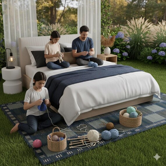 手織りのブルー＆ティールウールラグ｜北欧の幾何学模様の平織りで