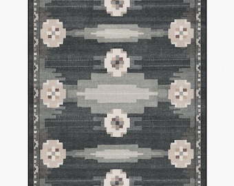 Alfombra Kilim de lana azul hecha a mano: Alfombra geométrica estilo boho.