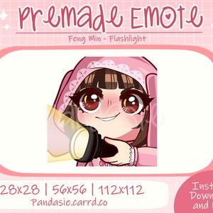 May include: A digital illustration of a character holding a flashlight, with the text "Premade Emote" and "Feng Min - Flashlight." The image is in a pink and white color scheme, with the sizes 28x28, 56x56, and 112x112 pixels displayed.