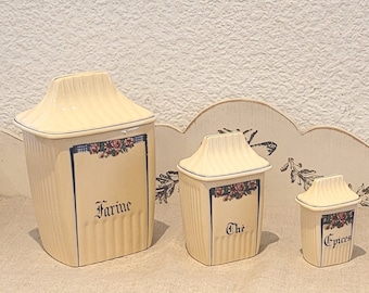 Set of 3 old off-white spice jars. Vintage pots in art deco style from the &quot;orchies moulin des loups&quot; factory