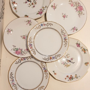 Vintage mismatched service “CHRISTINE”. Dessert plates in old opaque porcelain. Plates with fine floral decoration