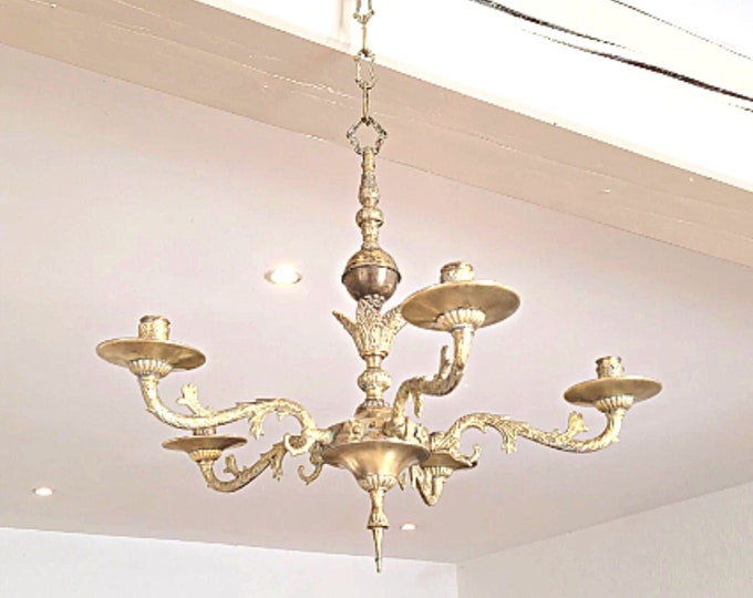 5 Branch Chandelier in Antique Brass. Vintage Candlestick in Non