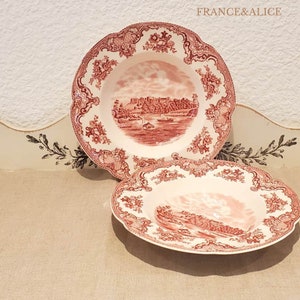 Vintage set of 2 &quot;Johnson Bros&quot; plates. 2 pink shabby style soup plates.