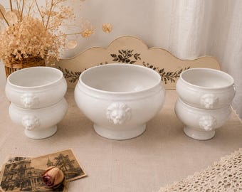 Sopera bávara y 4 cuencos con cabeza de león — porcelana blanca de estilo bistró vintage