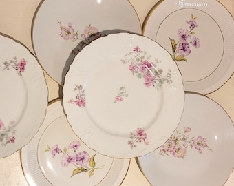 Service dépareillé vintage « CELINE». Assiettes à dessert en porcelaine opaque ancienne. Assiettes à décor floral fin