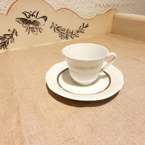 Vintage French white Cologne porcelain coffee cup, silver net decoration with its saucer