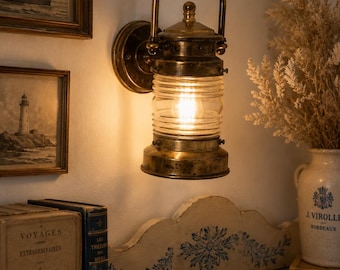 Brass ship lantern — ribbed glass globe — vintage nautical wall light converted electric