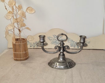 Vintage two-branched candle holder. Candelabra for 2 candles in certified tinplate. Tinplate candlestick