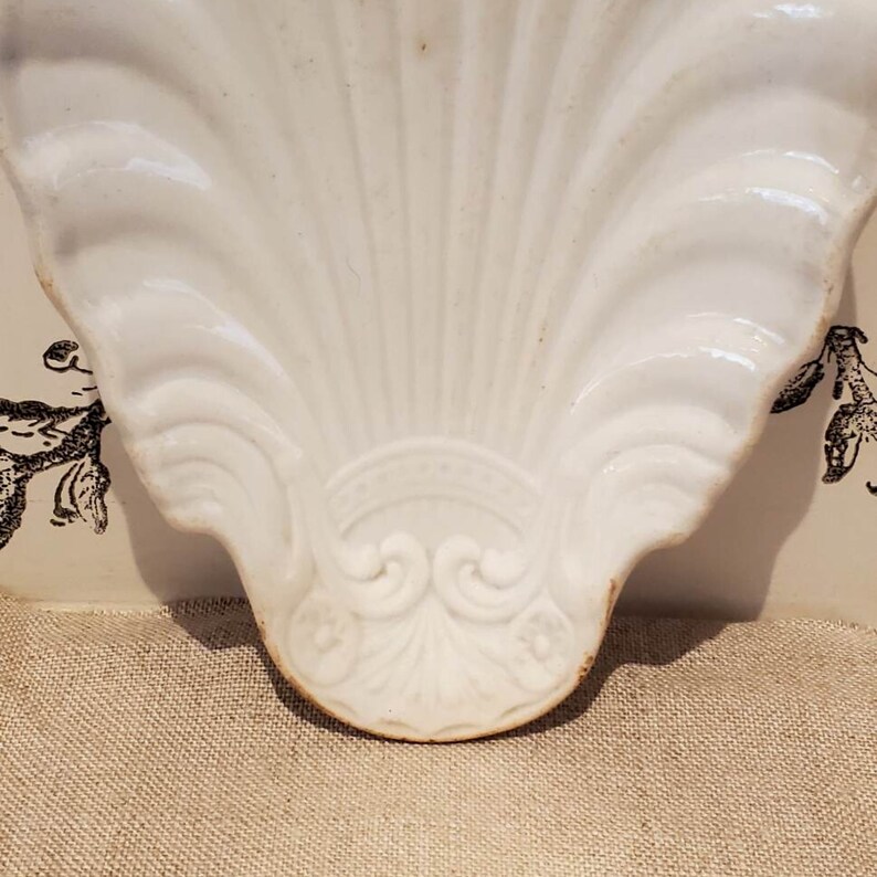Puede incluir: Plato de cer&aacute;mica blanca en forma de concha con un dise&ntilde;o decorativo en la parte inferior.