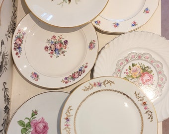 Service dépareillé "BERTHE" vintage. Assiettes plates en porcelaine ancienne. Assiettes au décor fin fleuries