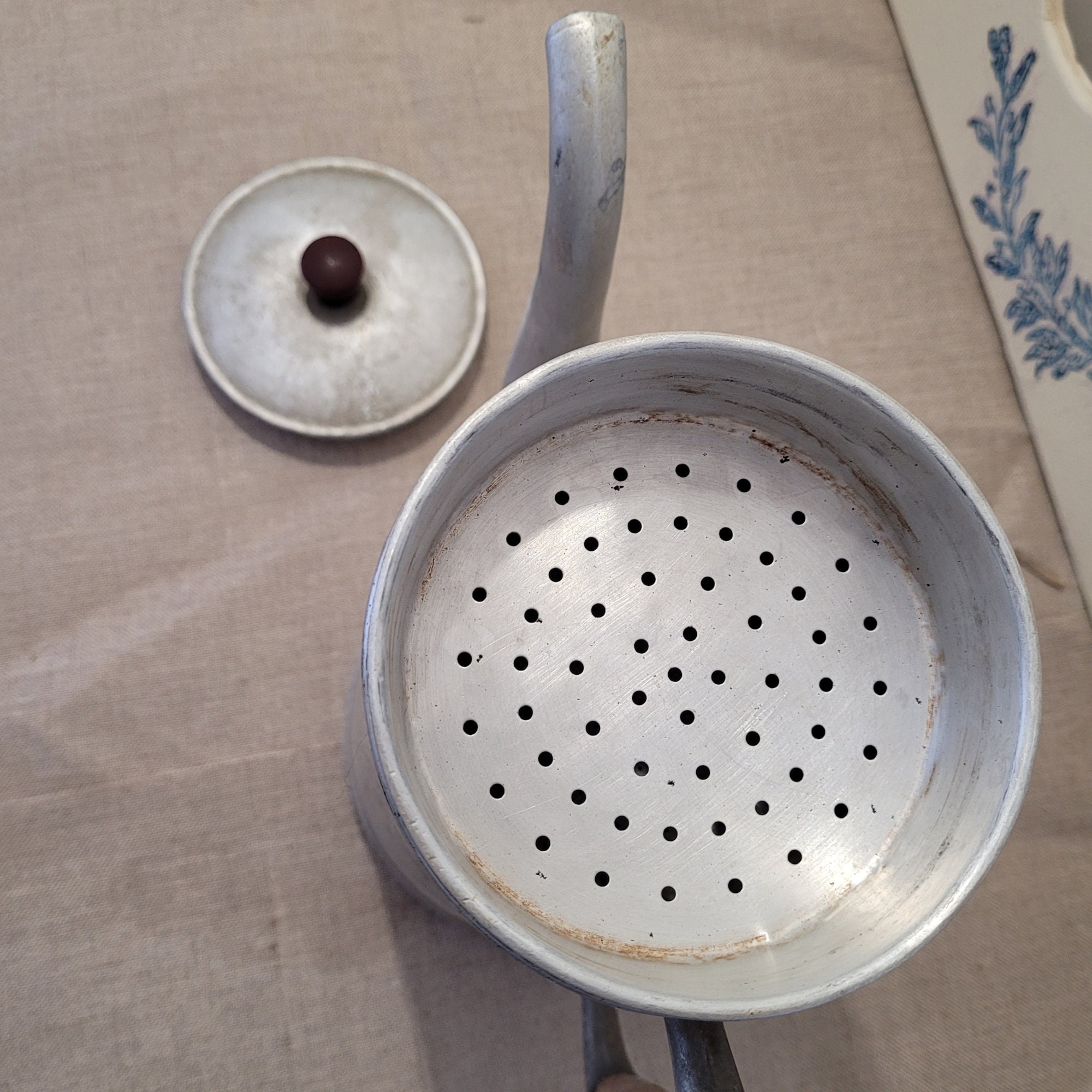 Vintage French Aluminum Coffee Maker With Wooden Handle and Vintage French Aluminum Coffee Maker With Wooden Handle and