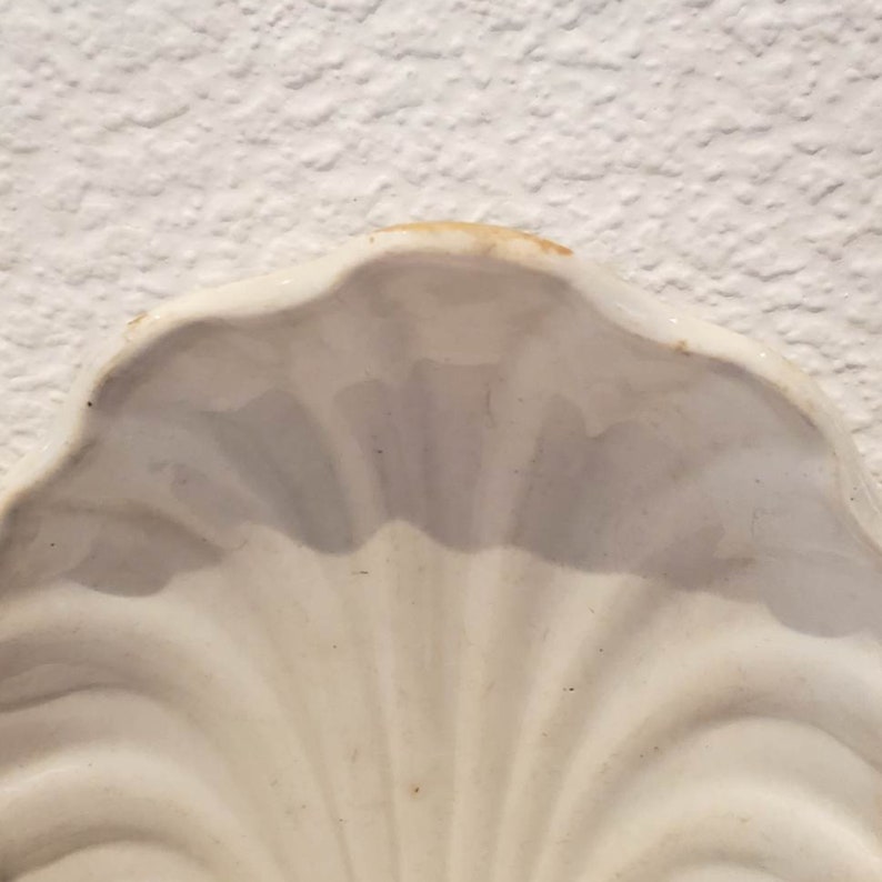 Puede incluir: Plato de cer&aacute;mica blanca en forma de concha de mar con un acabado liso y brillante.