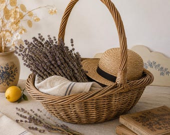 Large vintage wicker basket, twisted high handle, French Provençal market style