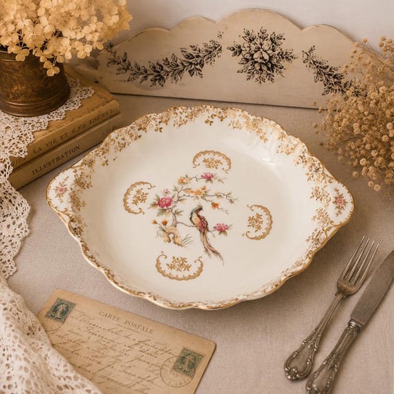 Limoges Porcelain Serving Dish, Paradise Bird, Gold, Massé Surget