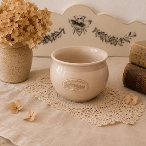 Clos St-Lambert stoneware pot — glazed beige French vintage, Belgian wine estate souvenir