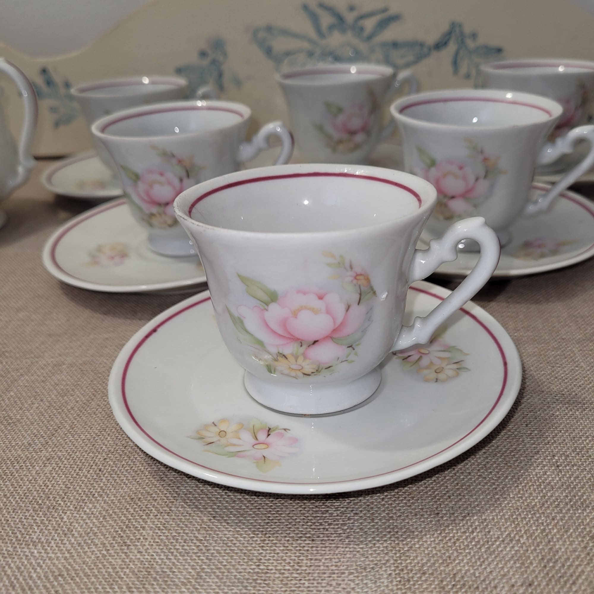 Zaječar Yugoslavia Coffee Set 14pc — White Porcelain Pink Roses
