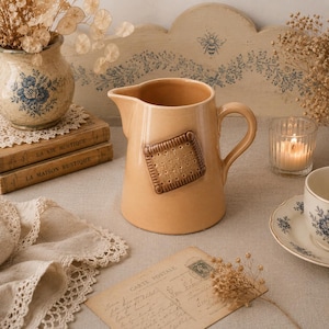 Peut inclure: Un pichet en céramique de couleur pêche claire orné d'un motif de biscuit carré en relief sur le devant. Le pichet présente une anse incurvée et un large bec verseur, avec une finition lisse et brillante qui souligne le détail texturé du biscuit.