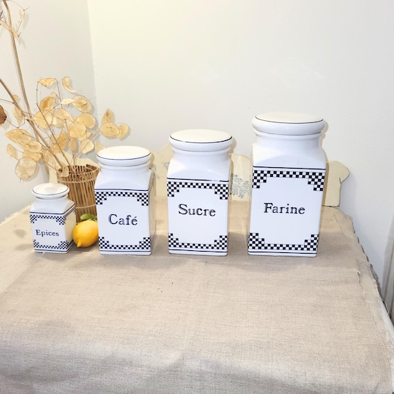 Set of Vintage White Ceramic Spice Jars With Blue Checkerboard