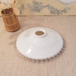 Vintage lampshade for pendant light in white opaline. Antique lampshade with a pleated round transparent glass.