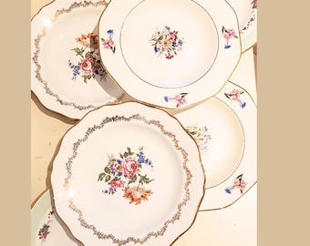 Set of 6 mismatched soup plates antique floral porcelain — HERMIONE — French shabby chic