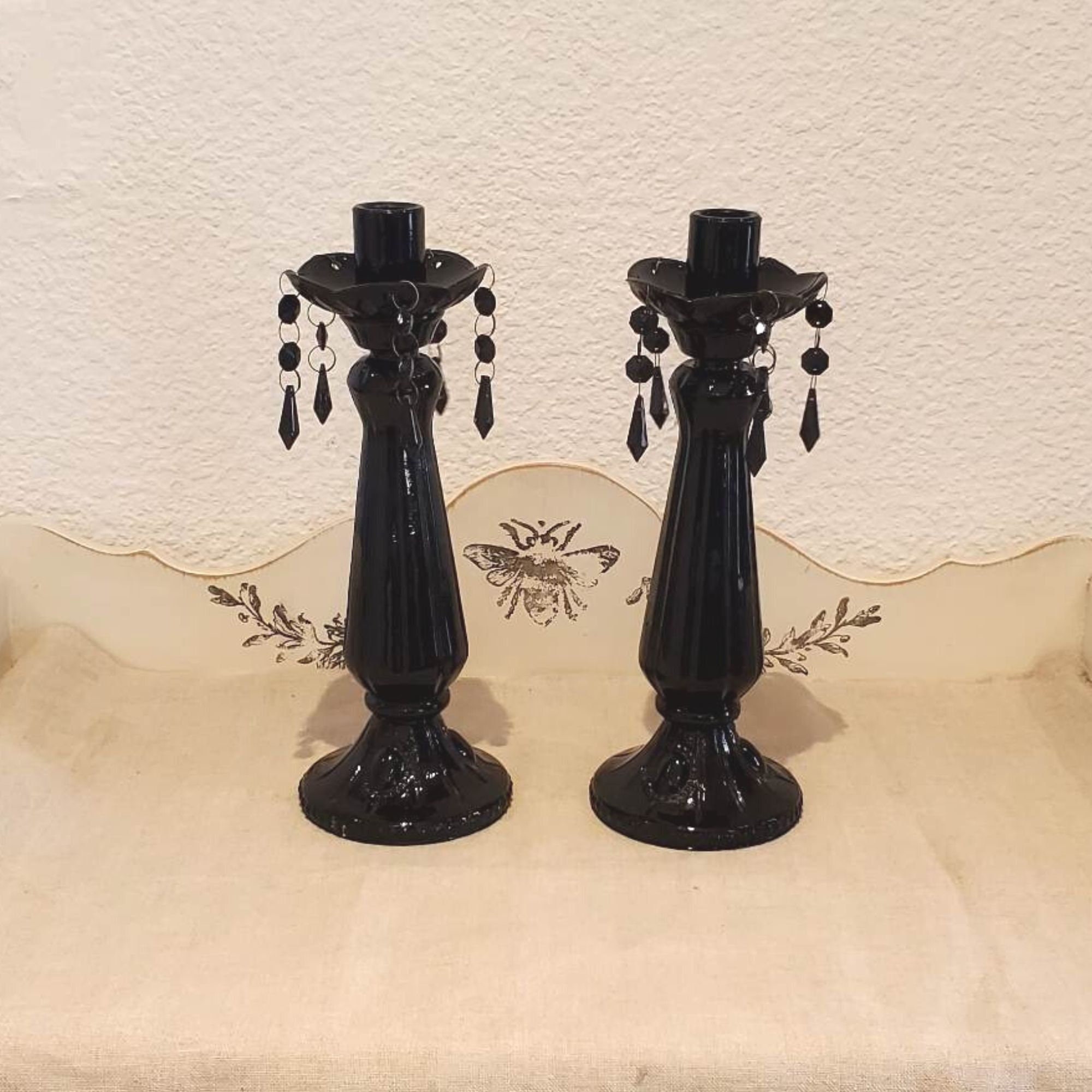 Pair of Glass Candlesticks. Black Gothic Candelabra With Pendants