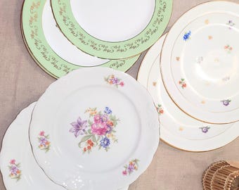 6 mismatched dinner plates "Philomène" — antique floral porcelain, farmhouse chic