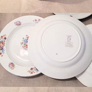 May include: Two white ceramic plates with a floral pattern and gold trim. The bottom plate has the text "Guy, France, Porcelaine Opaque" printed on the back.