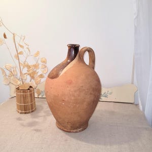 Jarra antiga de terracota esmaltada – Esmalte parcial marrom – Cerâmica rústica do século XIX – Decoração campestre chique ou coleção vintage