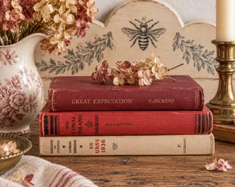 Könnte beinhalten: Ein Stapel aus drei gebundenen Büchern mit roten und beigen Buchrücken, die die Titel Great Expectation von C. Dickens, The Coral Island von Ballantyne und En Urss 1936 von P. Herbart tragen, gekrönt von getrockneten Hortensien auf Holz.