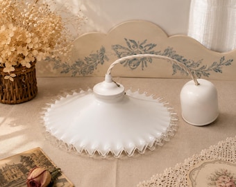 White opaline glass shade, pleated crystal frill, vintage pendant light