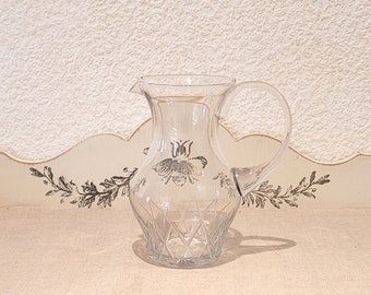 Vintage fine glass pitcher. antique chiseled glass jug. Glass decanter