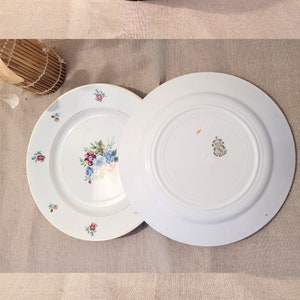 May include: Two white ceramic plates with a gold rim. The top plate has a floral design with pink, blue, and yellow flowers. The bottom plate is plain white.