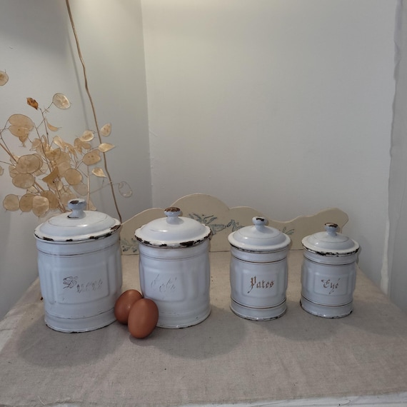 Série ou lot de 3 pots de cuisine ou boites à épices en métal argenté style vintage bohème et campagne chic - France