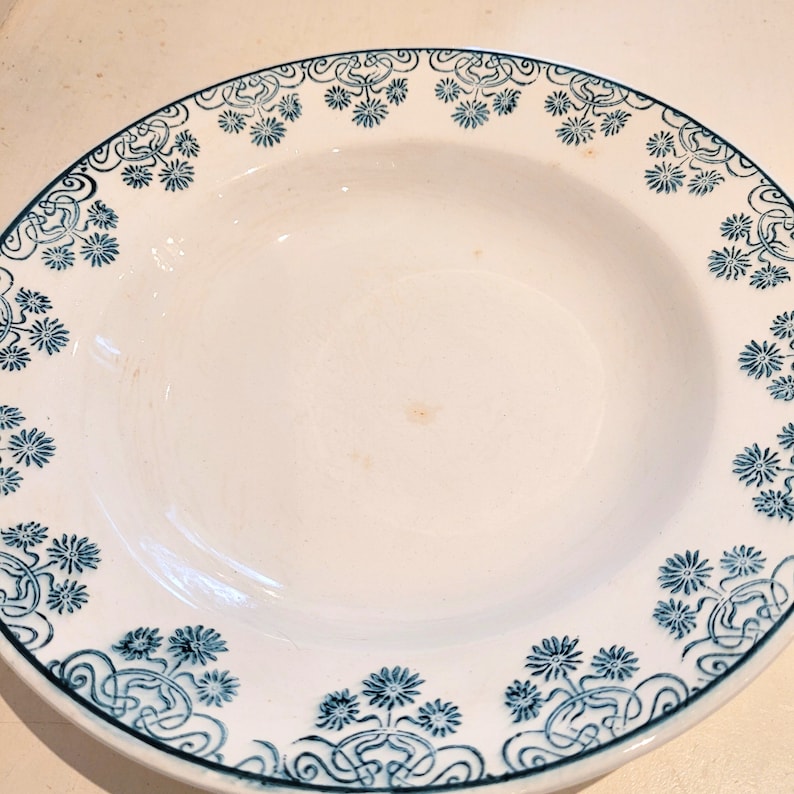 Może przedstawiać: Biała ceramiczna miska do zupy z niebieskim wzorem kwiatowym wok&oacute;ł krawędzi.