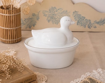 White porcelain duck terrine with lid — signed French vintage, foie gras, farmhouse decor