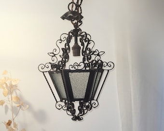 French hexagonal wrought iron lantern with frosted glass, early 20th century