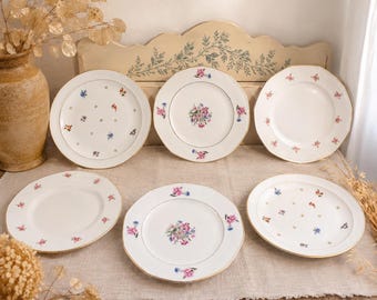 Mismatched dinner plates "Pandora" x6 — floral vintage porcelain gold rim, French shabby chic