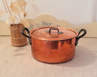 French copper pot with lid, cast iron handles, antique farmhouse kitchen cookware