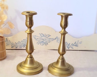 Pair of antique brass candlesticks 19th century — baluster stem, natural patina